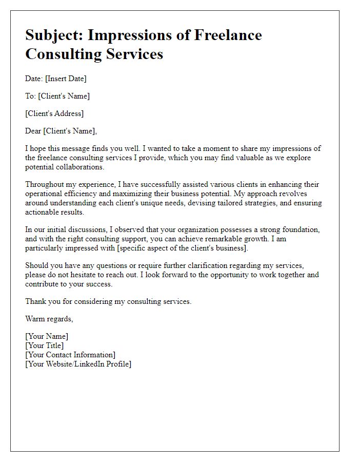 Letter template of impressions for freelance consulting services