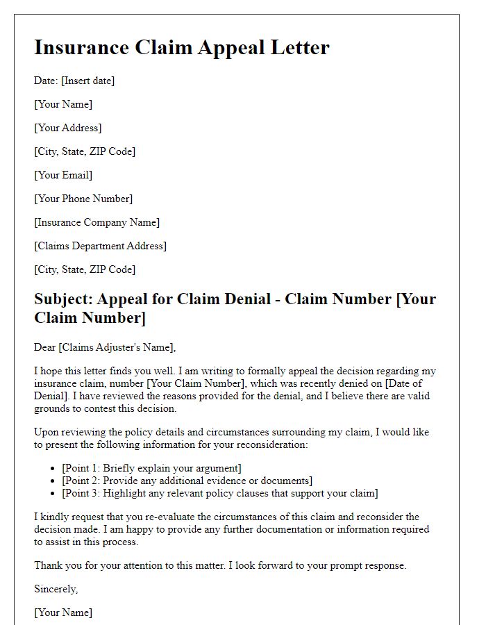 Letter template of insurance claim appeal after negative feedback