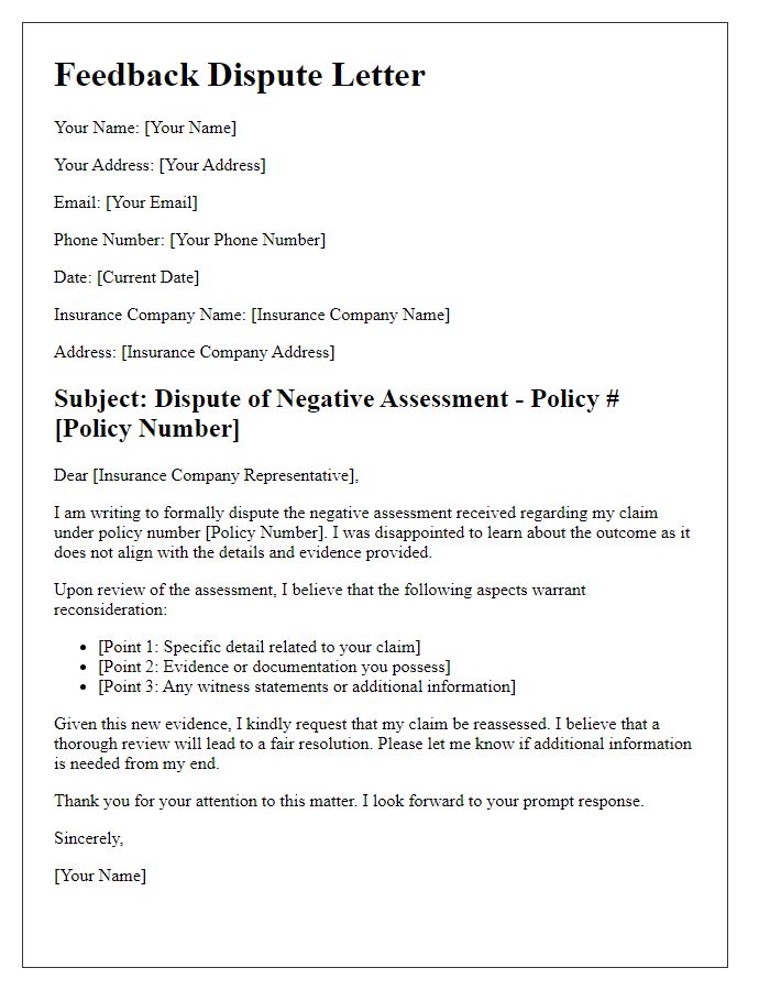 Letter template of insurance feedback dispute after negative assessment