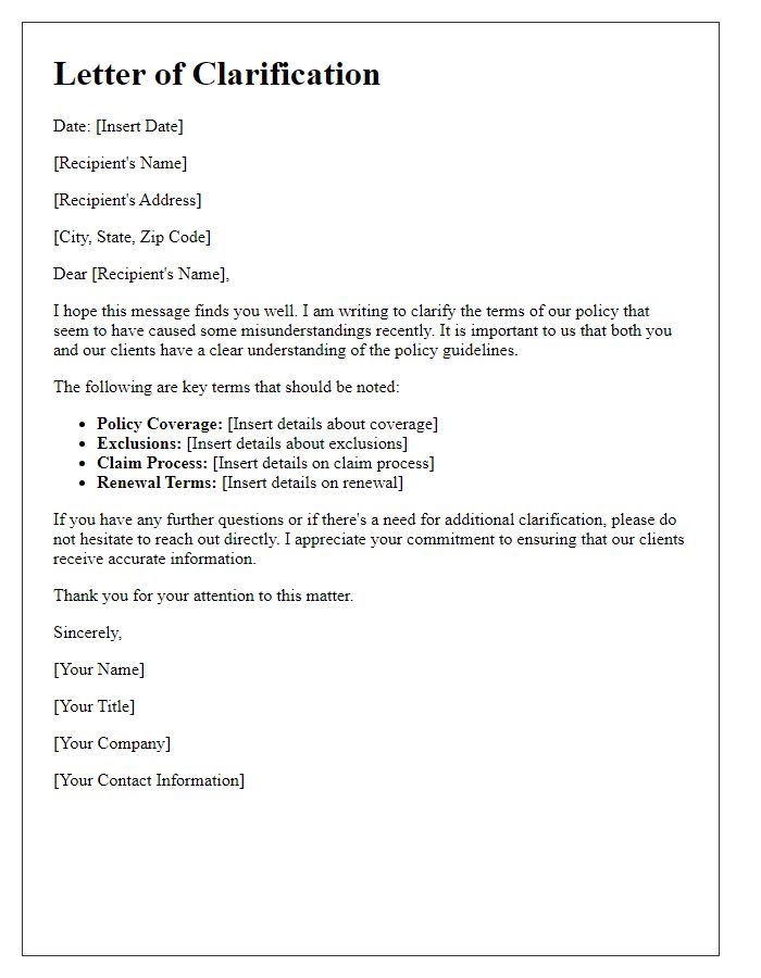 Letter template of clarification of policy terms to resolve agent misunderstanding