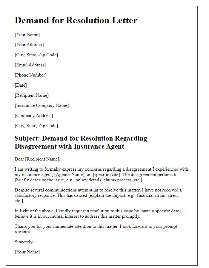 Letter template of demand for resolution following insurance agent disagreement