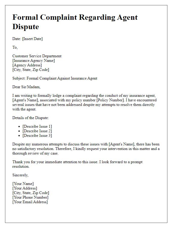 Letter template of formal complaint to insurance agency regarding agent dispute