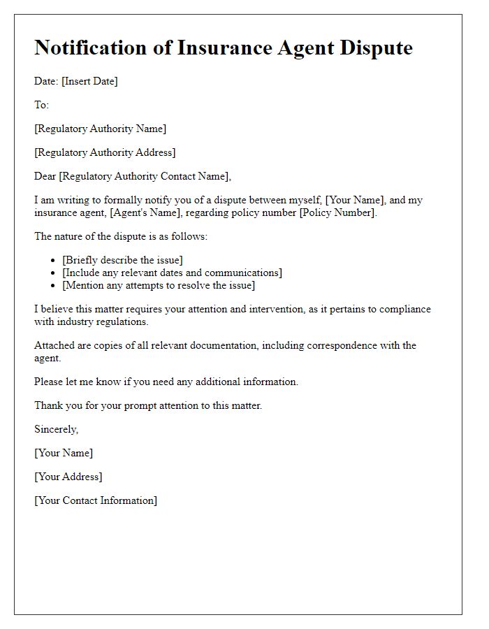 Letter template of notification of insurance agent dispute to regulatory authority