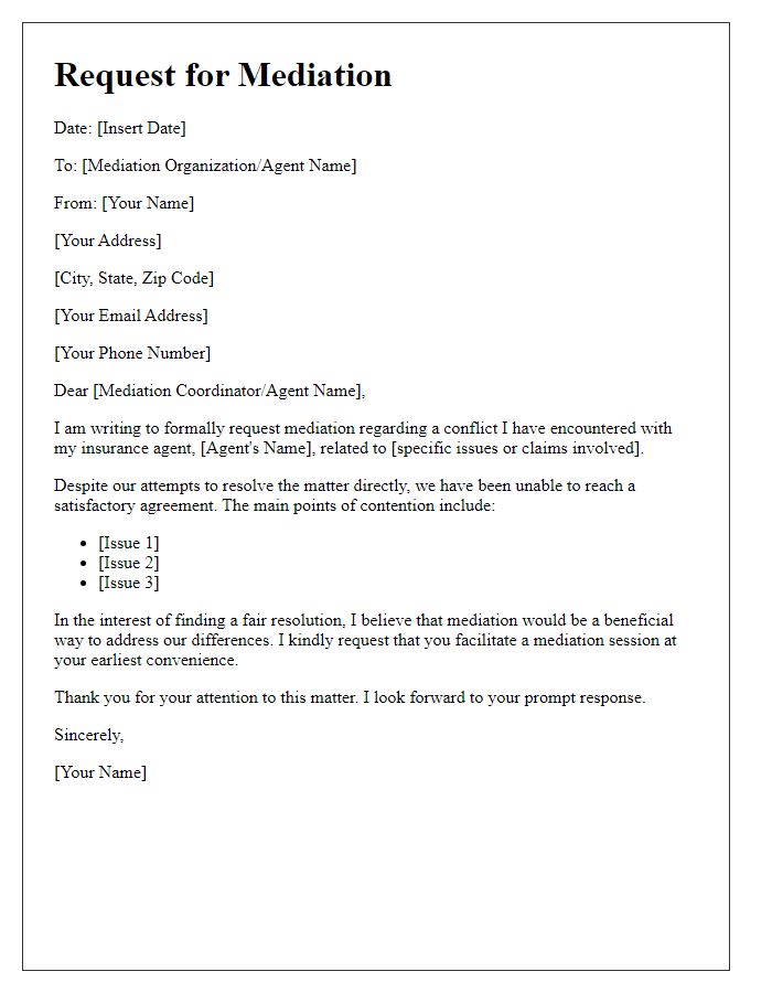 Letter template of request for mediation in insurance agent conflict