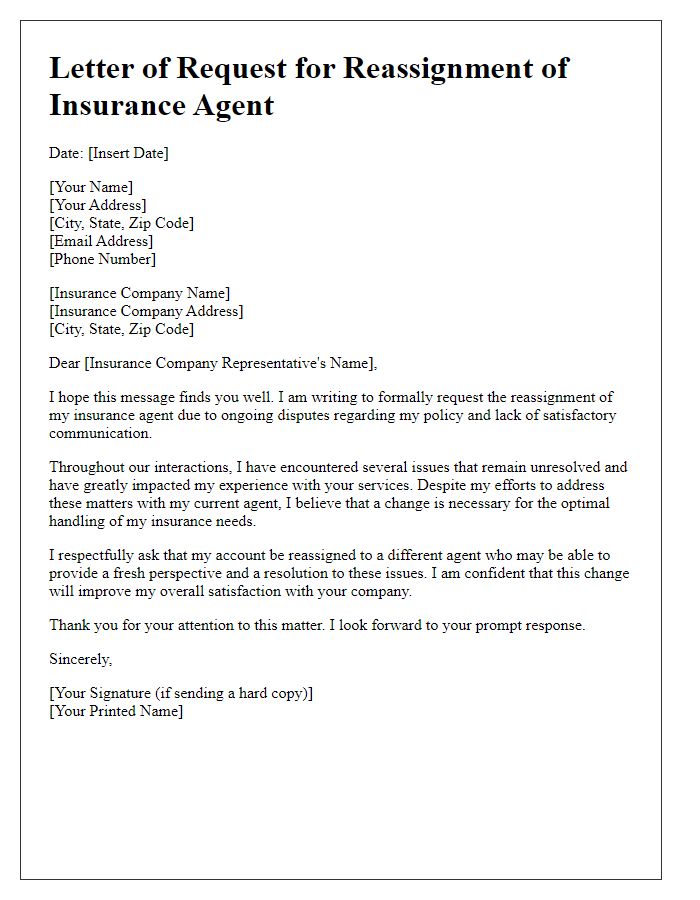 Letter template of request for reassignment of insurance agent due to dispute