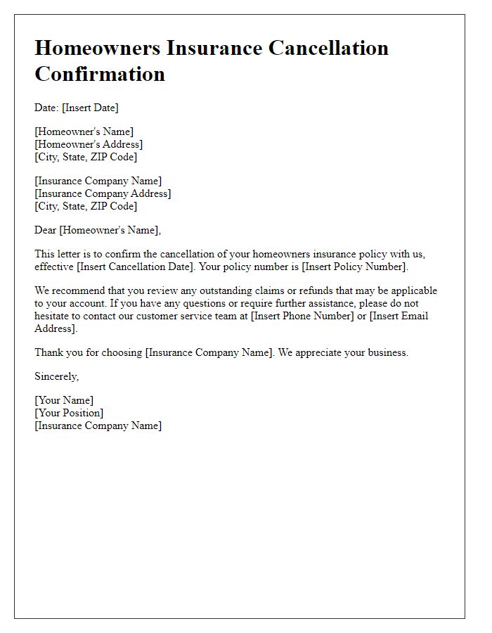 Letter template of homeowners insurance cancellation confirmation