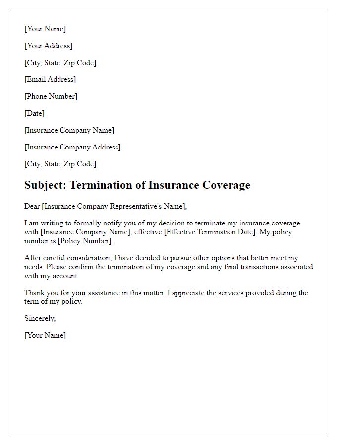 Letter template of insurance coverage termination