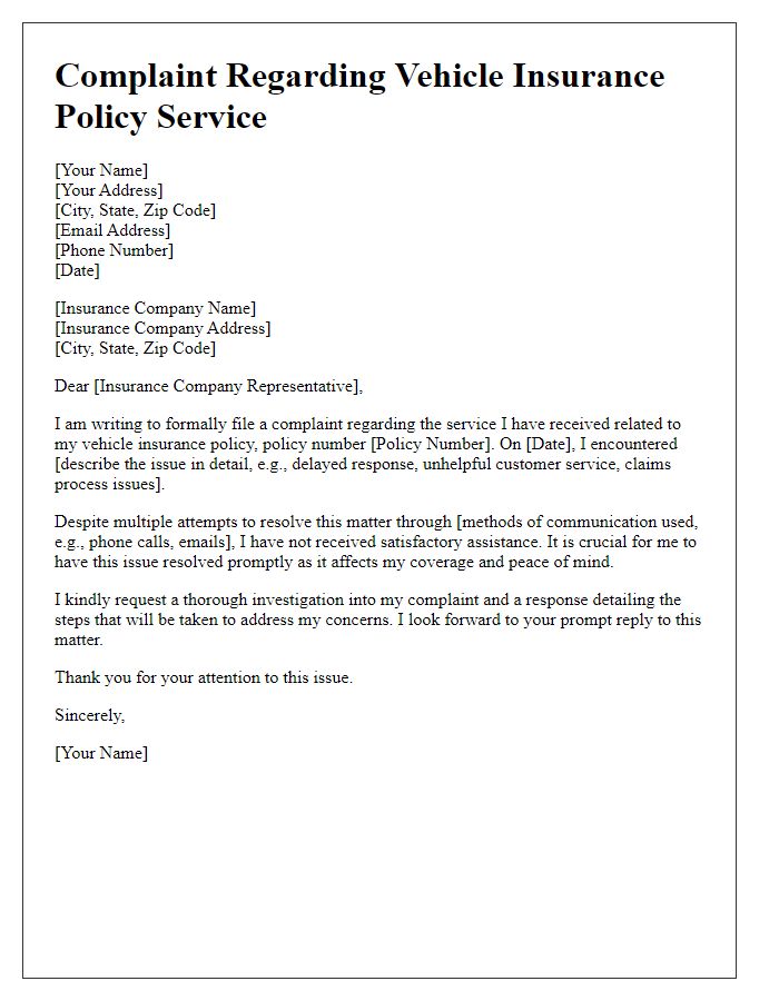 Letter template of vehicle insurance policy service complaint