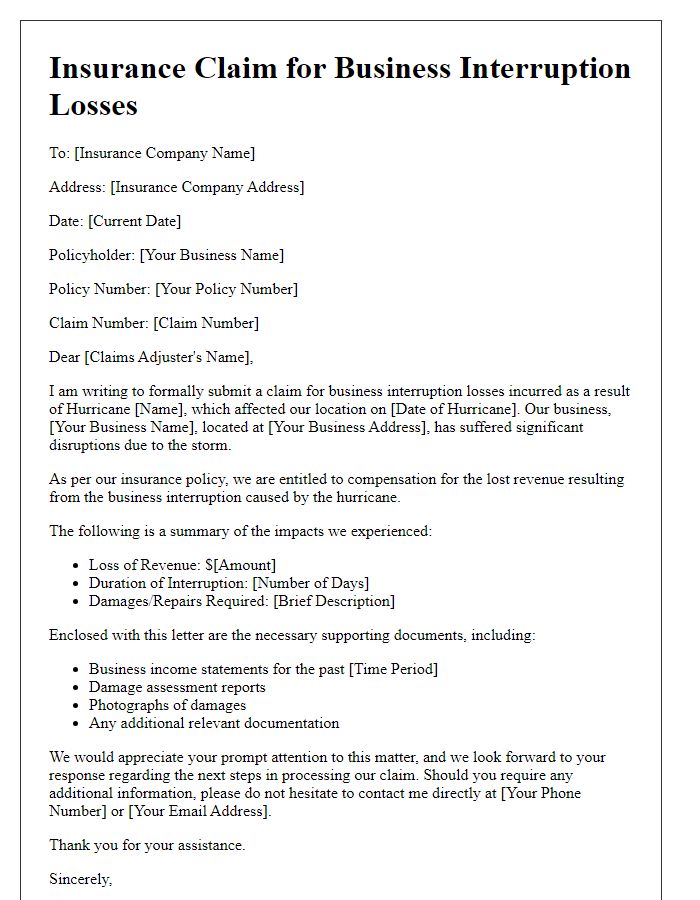 Letter template of hurricane damage insurance claim for business interruption losses.