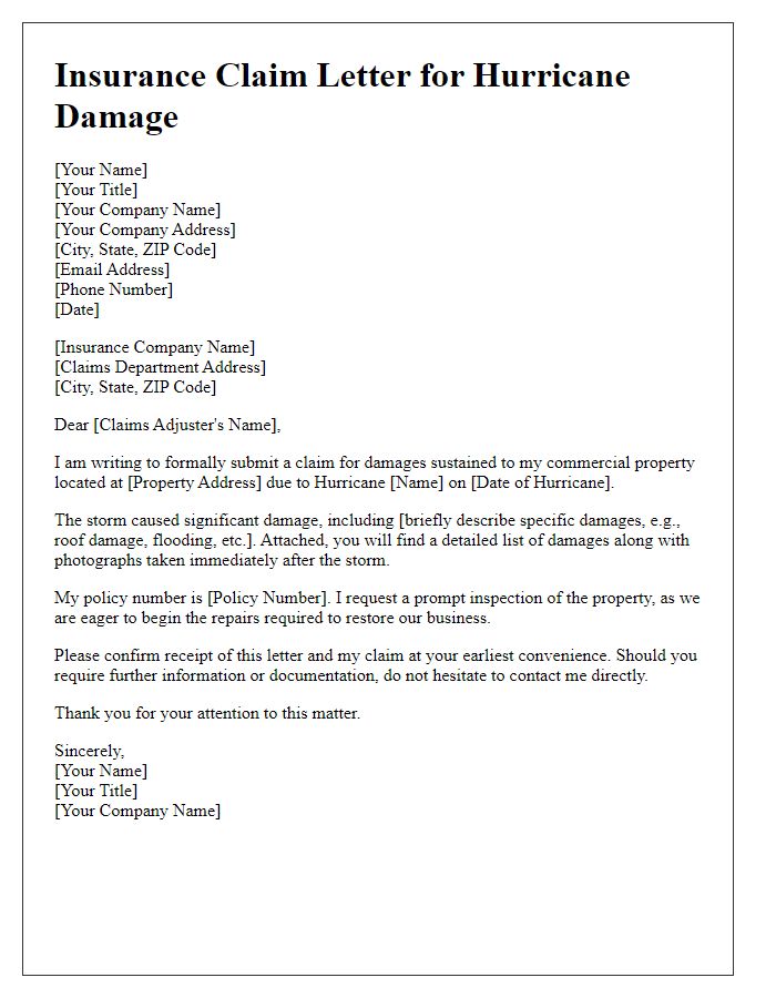 Letter template of hurricane damage insurance claim for commercial property.