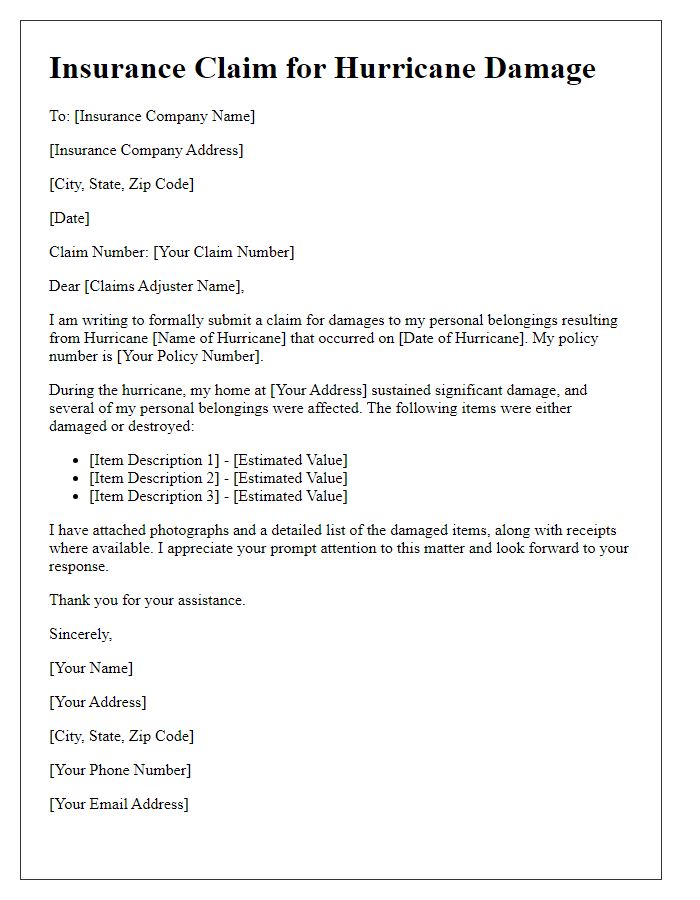 Letter template of hurricane damage insurance claim for personal belongings.