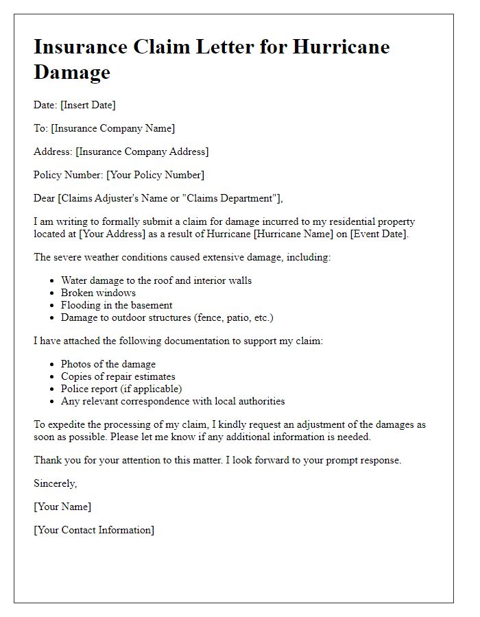 Letter template of hurricane damage insurance claim for residential property.