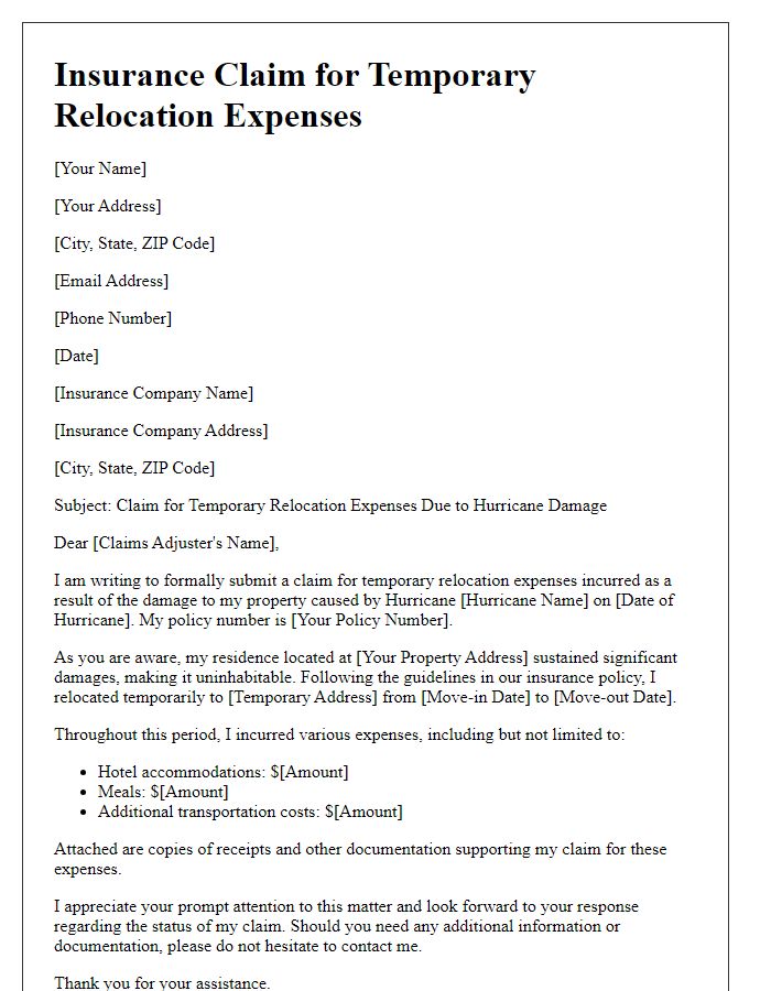 Letter template of hurricane damage insurance claim for temporary relocation expenses.