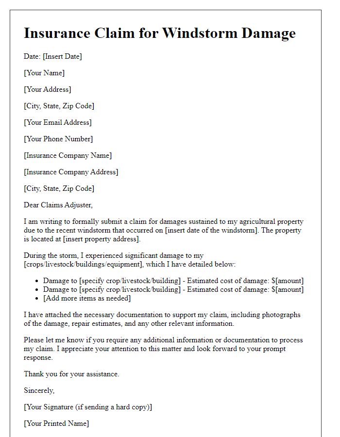 Letter template of windstorm damage insurance claim for agricultural property.