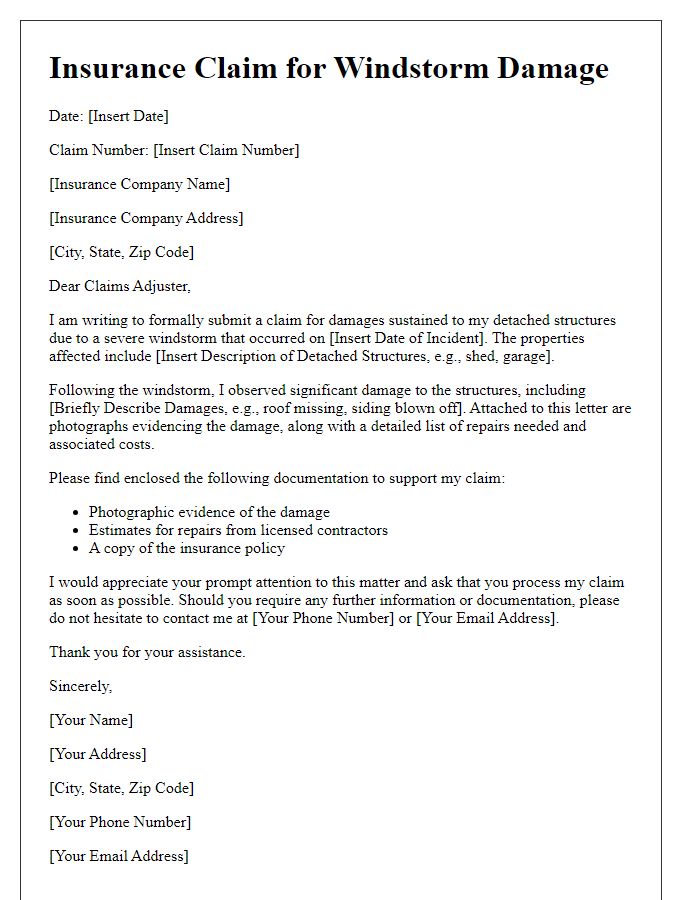 Letter template of windstorm damage insurance claim for detached structures.