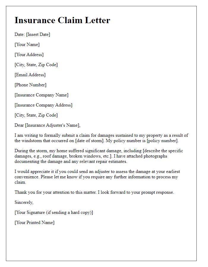 Letter template of windstorm damage insurance claim for homeowners.