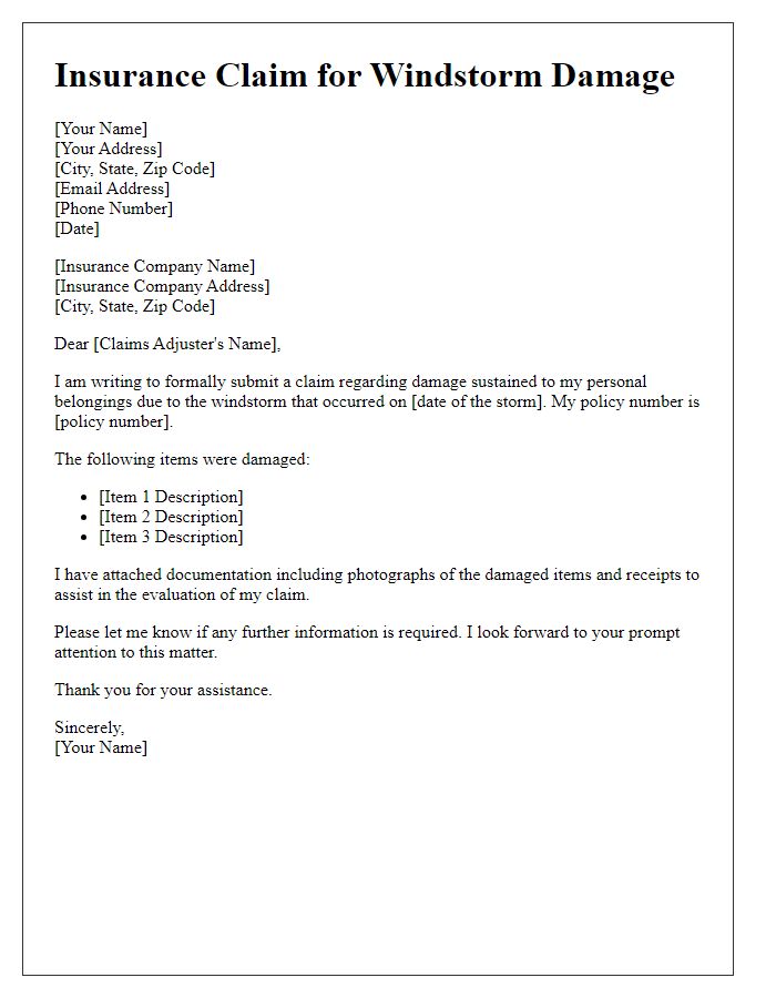 Letter template of windstorm damage insurance claim for personal belongings.