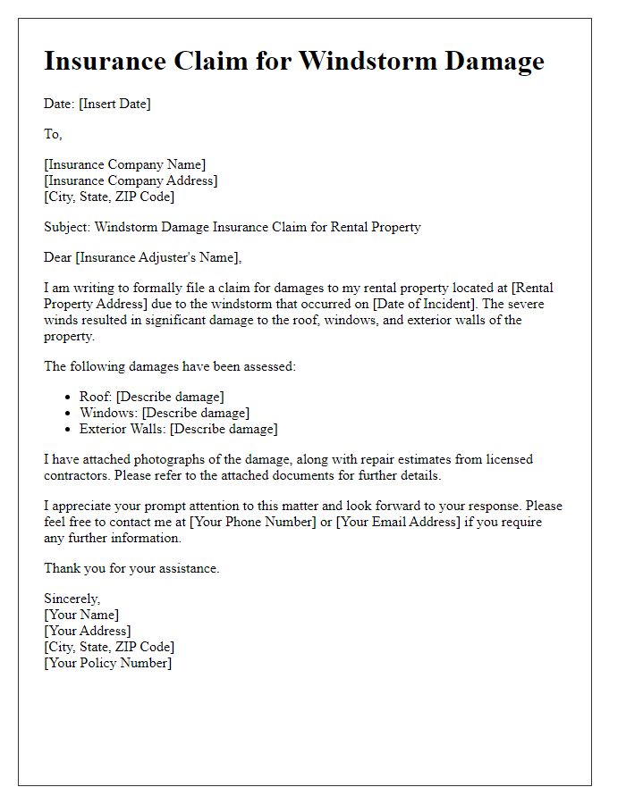 Letter template of windstorm damage insurance claim for rental property.