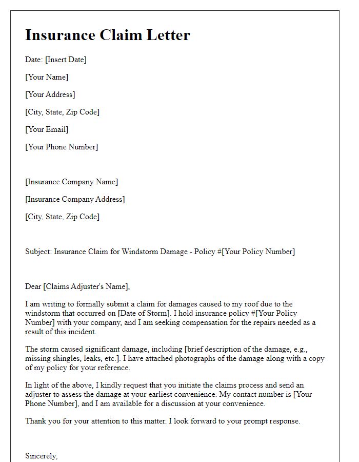 Letter template of windstorm damage insurance claim for roof damage.