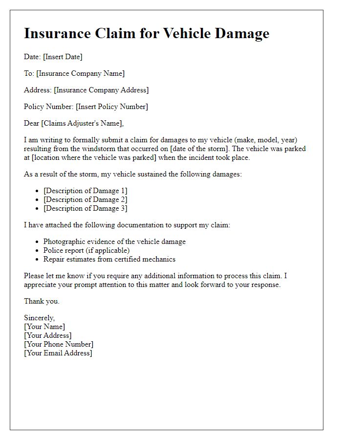 Letter template of windstorm damage insurance claim for vehicle damage.