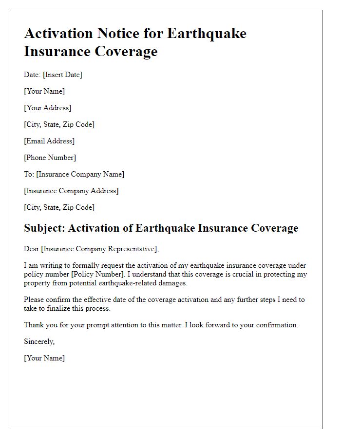 Letter template of activation notice for earthquake insurance coverage