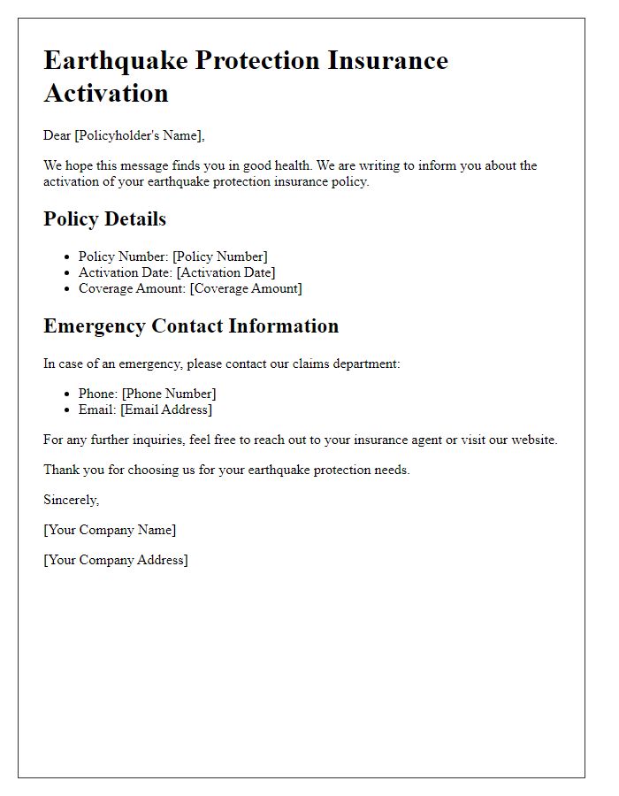 Letter template of earthquake protection insurance activation details