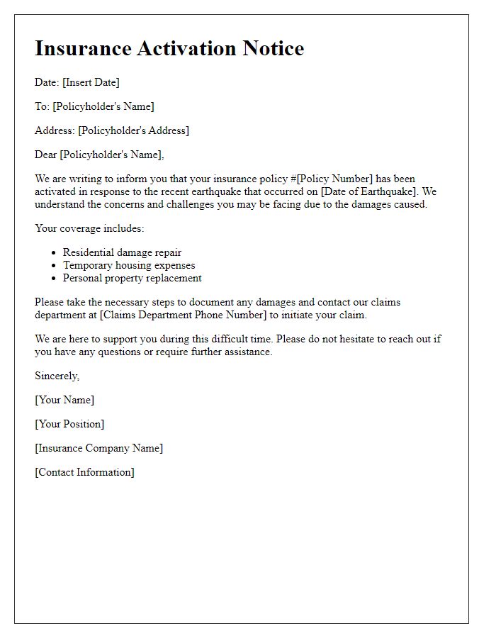 Letter template of insurance activation notice for earthquake damage