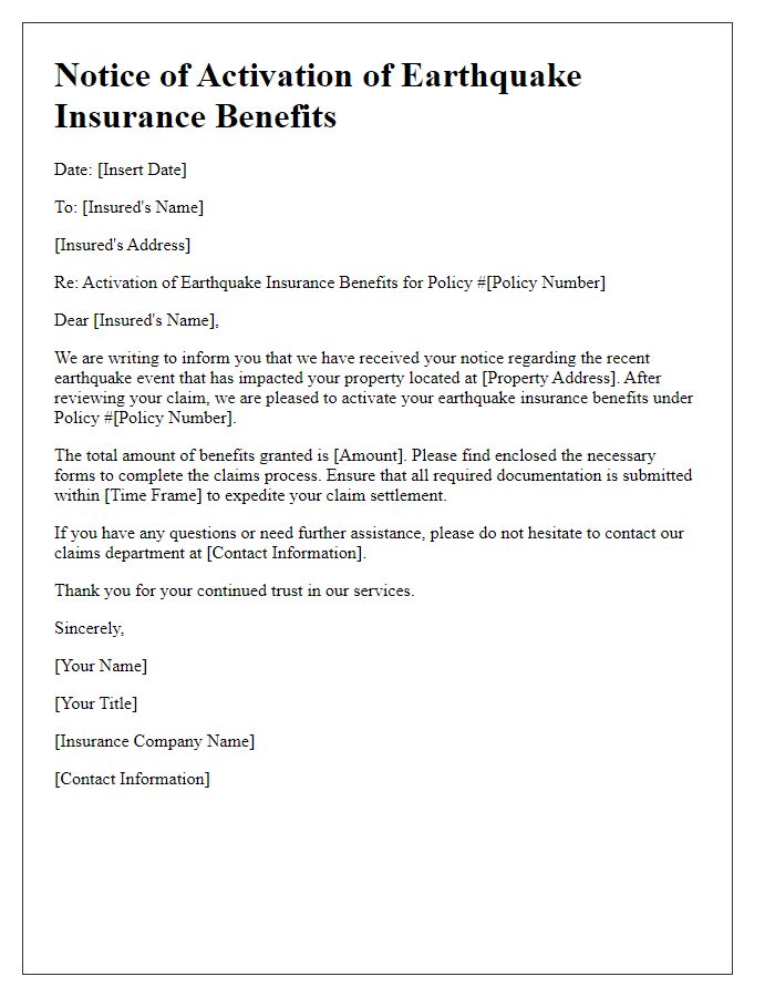 Letter template of notice for activating earthquake insurance benefits