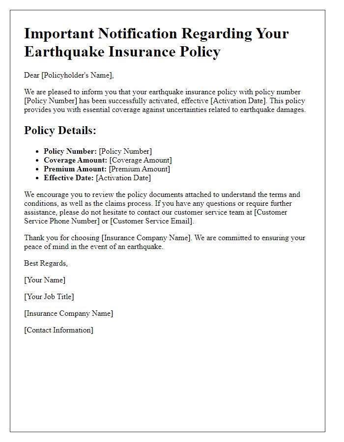 Letter template of notification for earthquake insurance policy activation