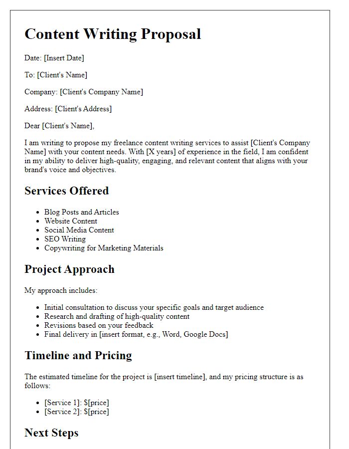 Letter template of freelance service proposal for content writing.