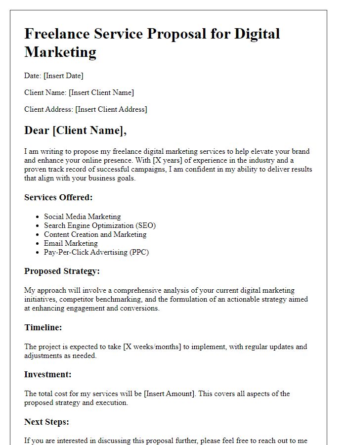 Letter template of freelance service proposal for digital marketing.