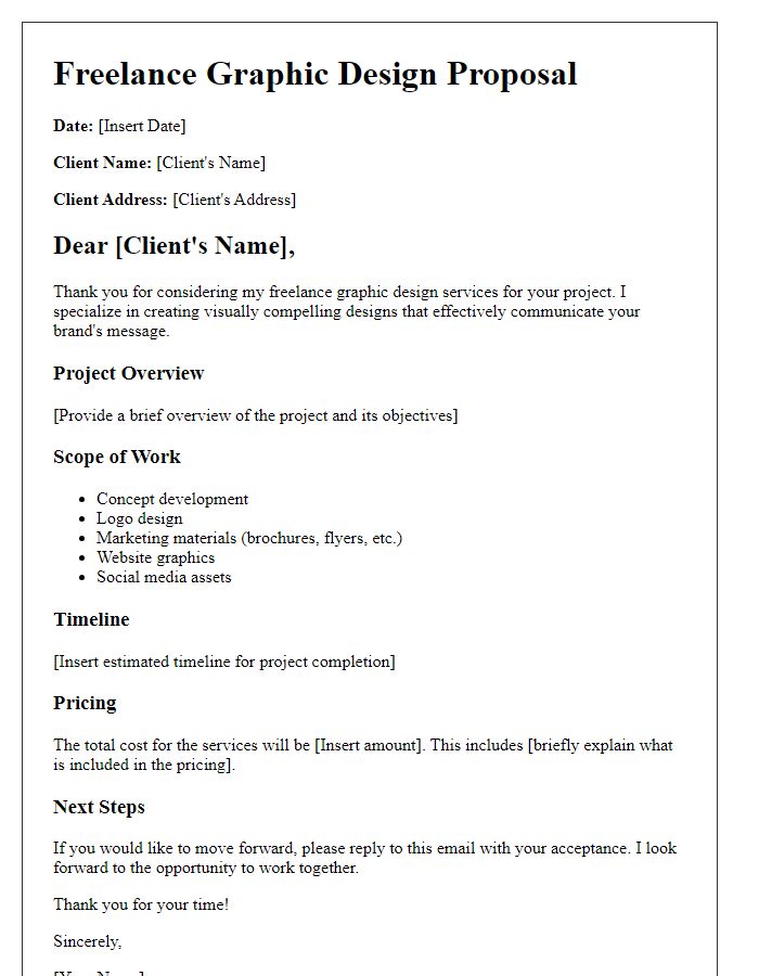 Letter template of freelance service proposal for graphic design.