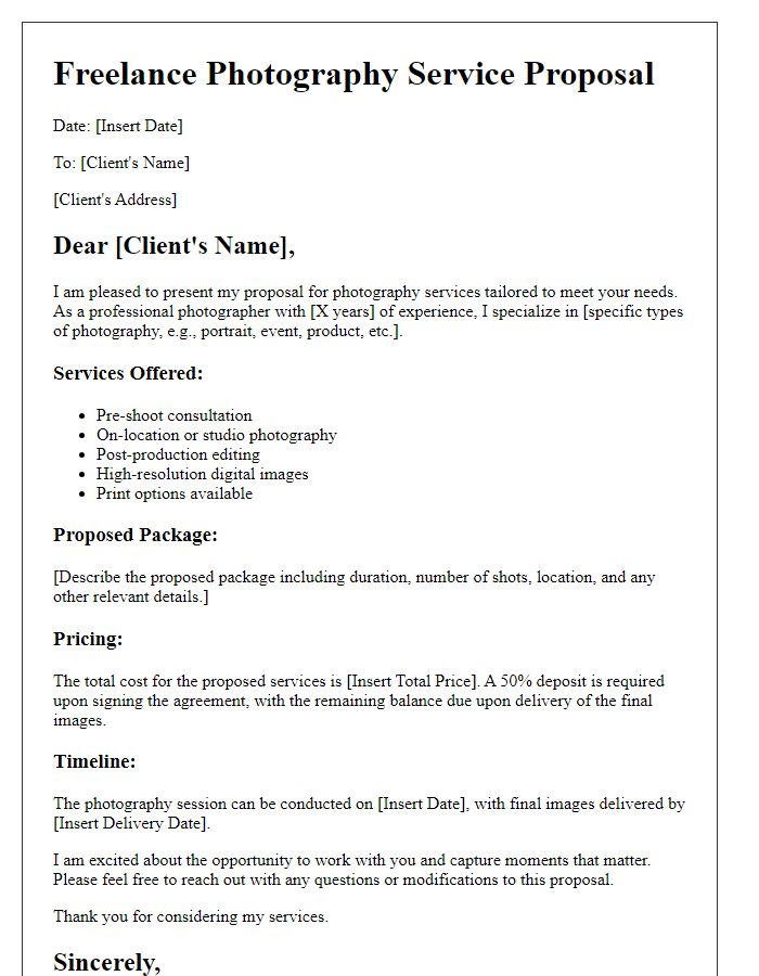 Letter template of freelance service proposal for photography services.