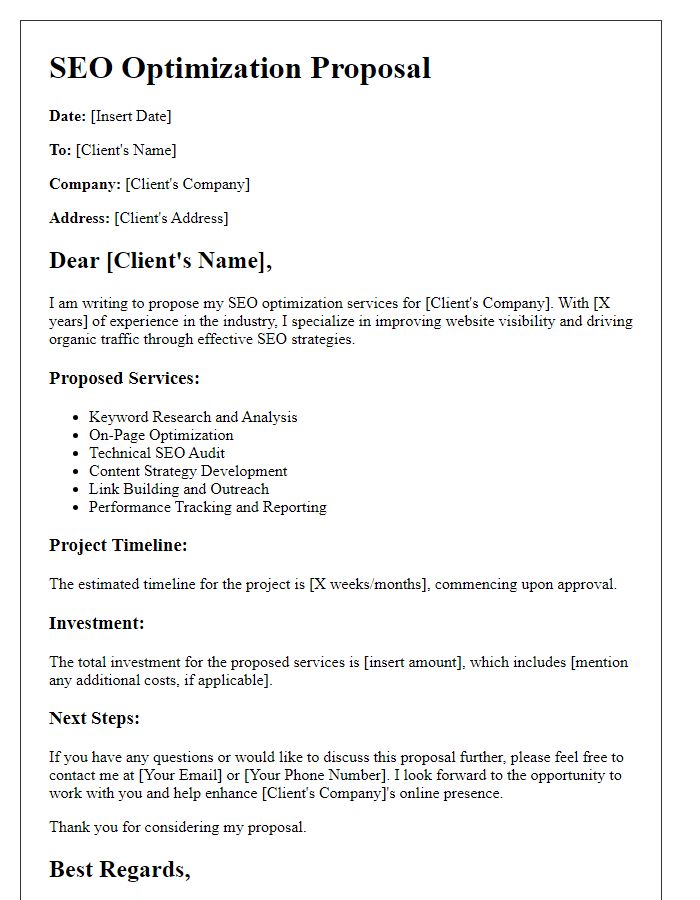 Letter template of freelance service proposal for SEO optimization.