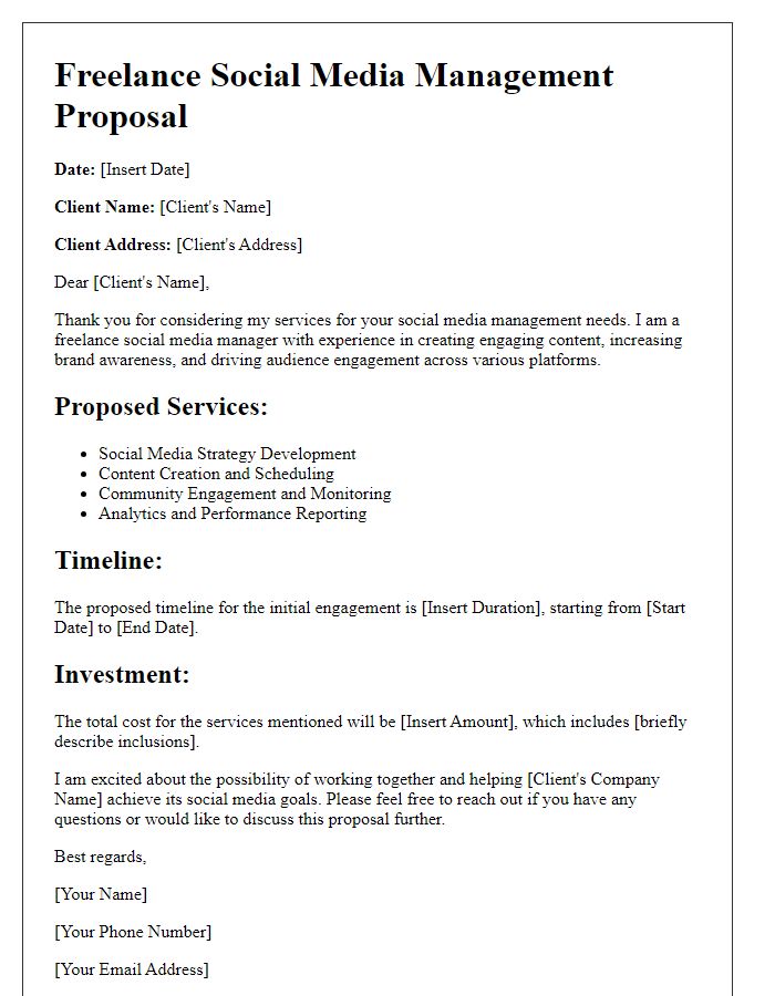 Letter template of freelance service proposal for social media management.