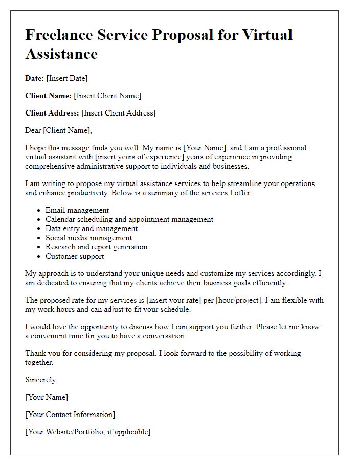 Letter template of freelance service proposal for virtual assistance.