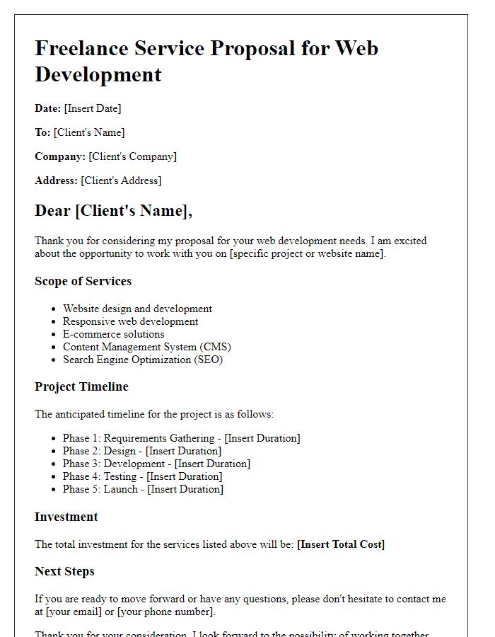 Letter template of freelance service proposal for web development.