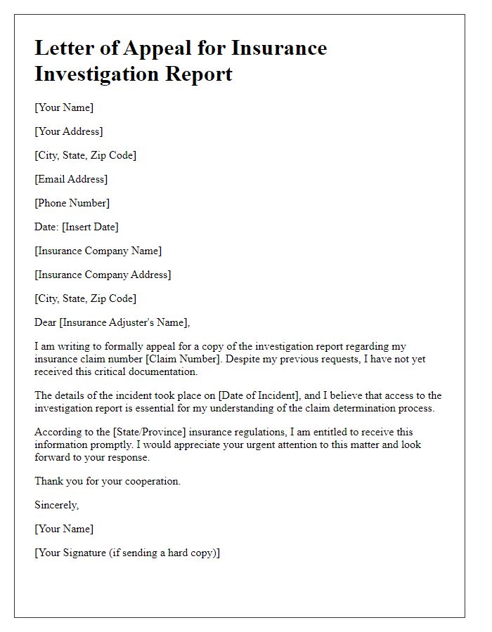 Letter template of appeal for a copy of the insurance investigation report