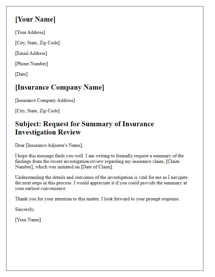 Letter template of need for summary from insurance investigation review