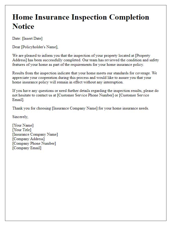 Letter template of home insurance inspection completion notice