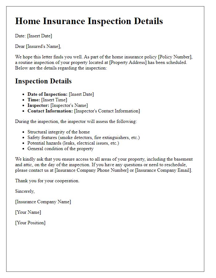 Letter template of home insurance inspection details