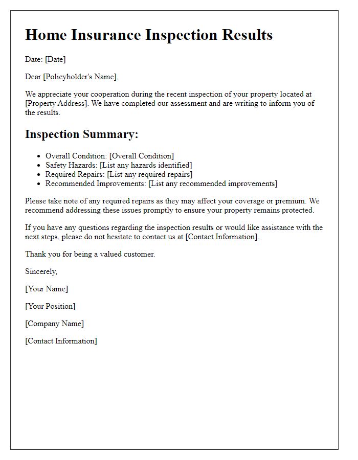 Letter template of home insurance inspection results notification