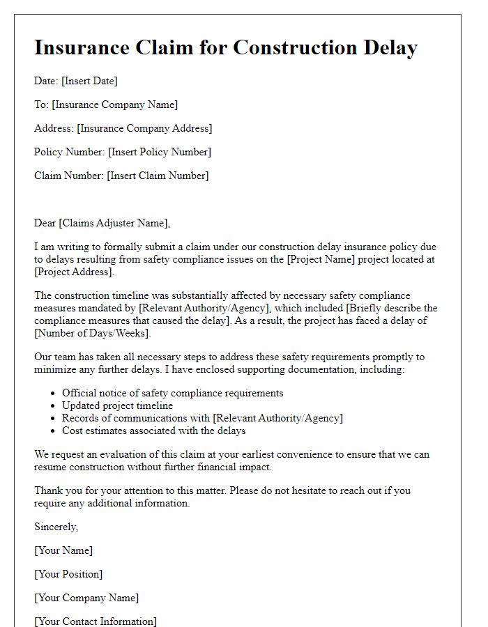 Letter template of construction delay insurance claim based on safety compliance delays.