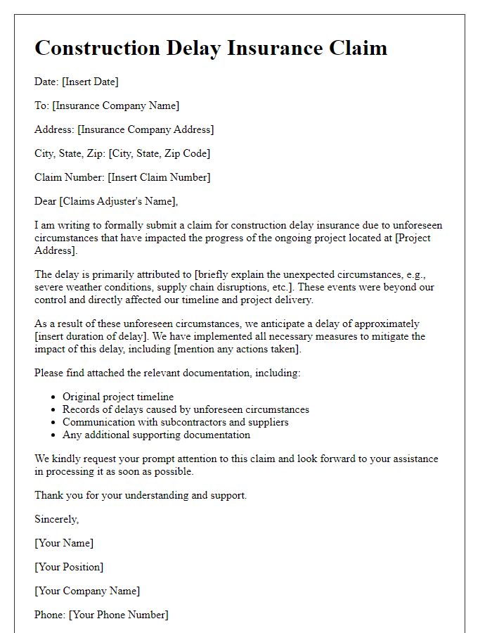 Letter template of construction delay insurance claim due to unforeseen circumstances.