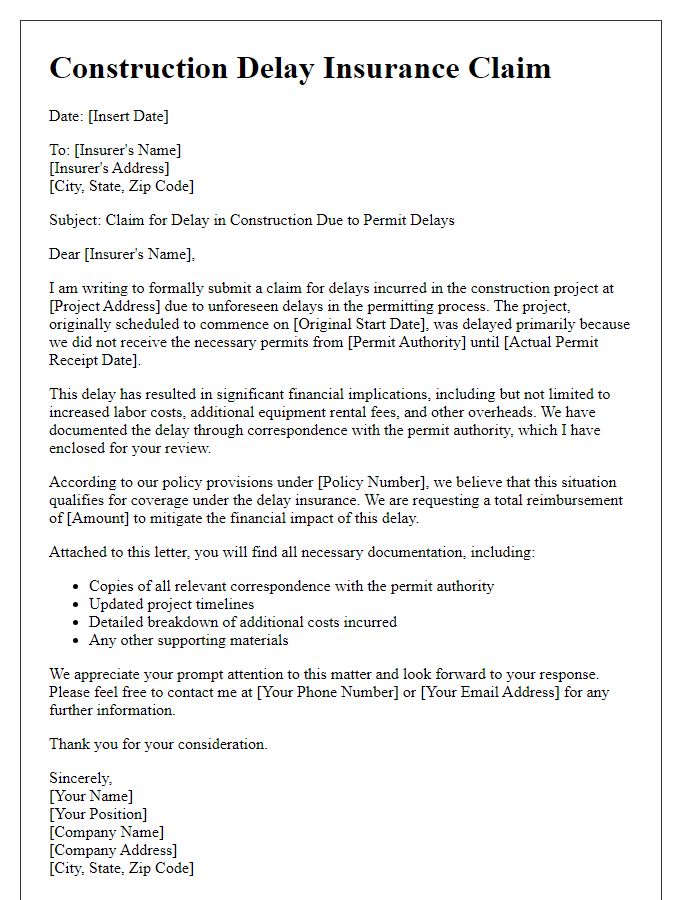 Letter template of construction delay insurance claim involving permit delays.