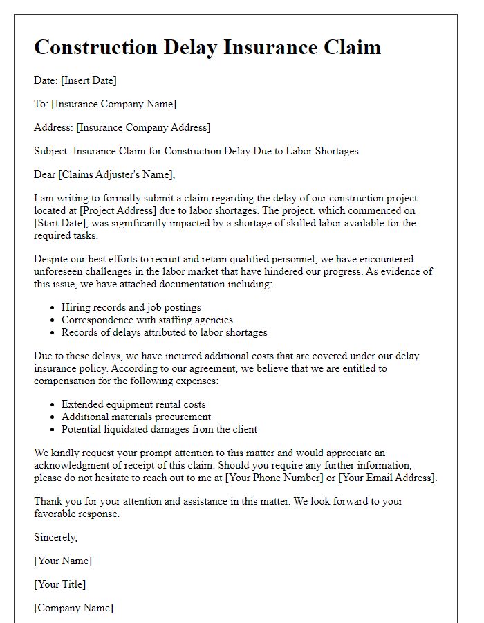 Letter template of construction delay insurance claim regarding labor shortages.