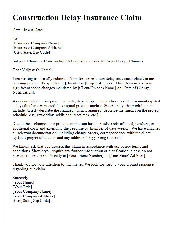 Letter template of construction delay insurance claim related to project scope changes.