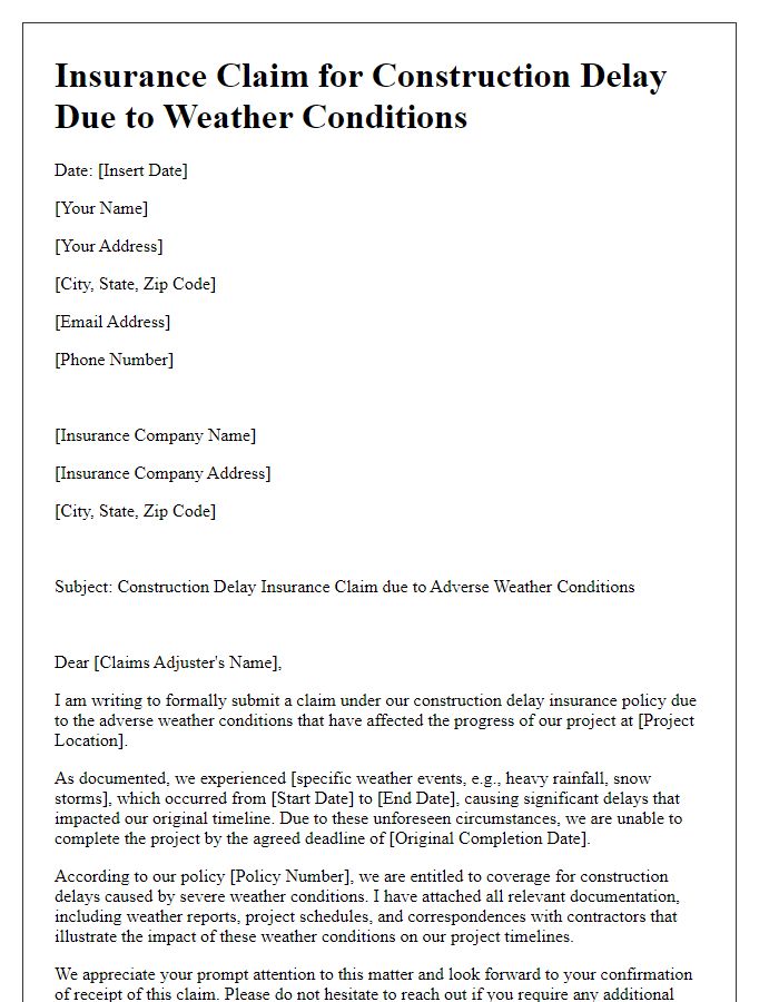 Letter template of construction delay insurance claim related to weather conditions.