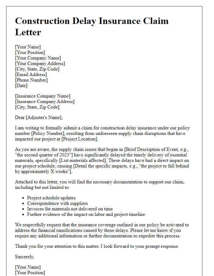 Letter template of construction delay insurance claim stemming from supply chain disruptions.