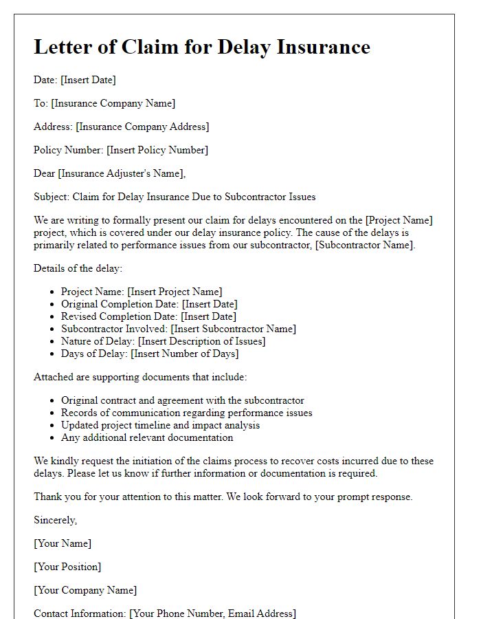 Letter template of construction delay insurance claim for subcontractor issues.